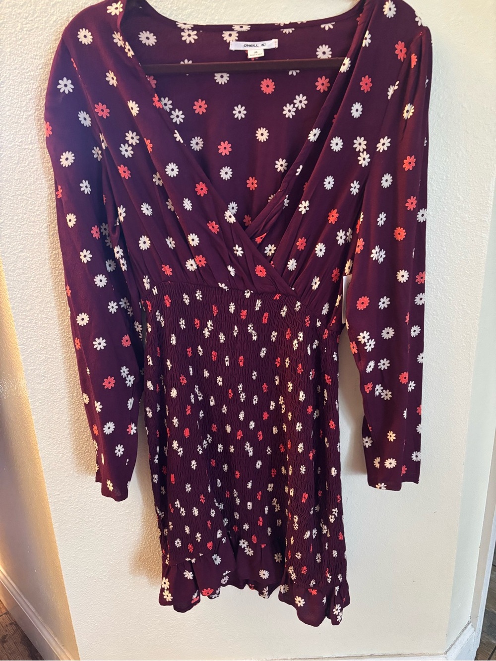 NWT O’Neill Fall Floral Smocked Wrap long sleeve Dress - Burgundy Medium M